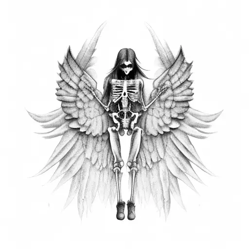 female angel skeleton with long hair, wings and large broadswordsin each hand hovering over an apocalyptic landscape  tattoo design idea