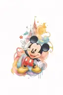 A sleeve tattoo featuring mickey mouse opening a book revealing the four disney world park icons surrounded by rides  tattoo design idea