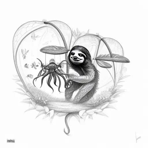 sloth holding  a venus fly trap that is trying to eat a butterfly tattoo design idea