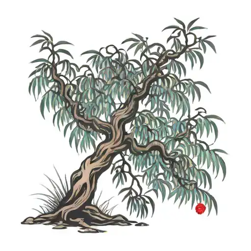 make me a willow tree with long leaves and let this tree be in flames tattoo design idea