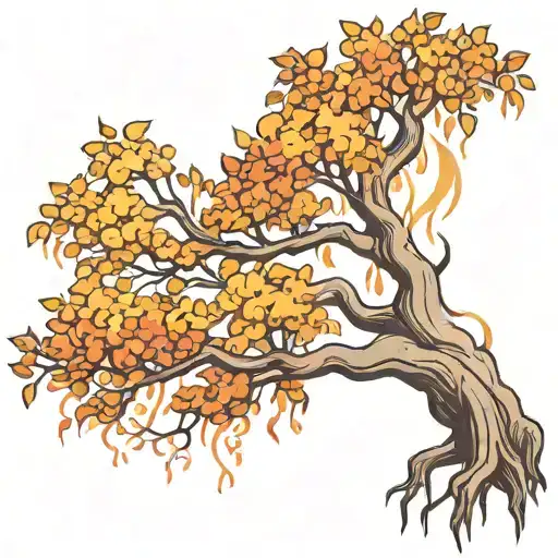 make me a willow tree with long leaves and let this tree be on fire in a strong fire tattoo design idea