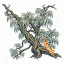 make me a willow tree with long leaves and let this tree be in flames tattoo design idea