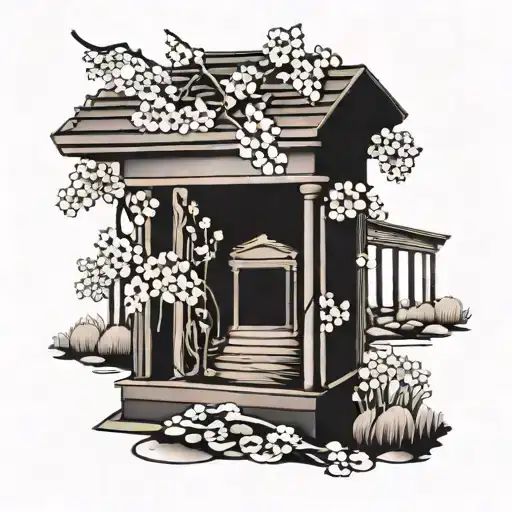 Music bar surrounded by cherry blossoms and a grave with my mothers death day and birth year on it  tattoo design idea