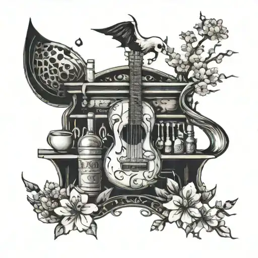 Music bar surrounded by cherry blossoms and One Piece  tattoo design idea