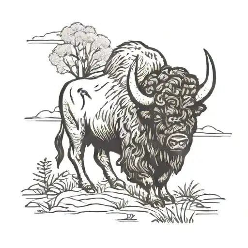  Wise Buffalo In field surrounded by nature scene tattoo design idea