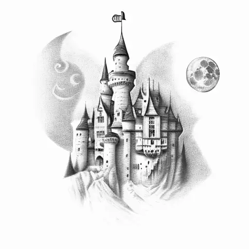 A moonlit castle with bookshelves filled with fantasy and romantic novels tattoo design idea