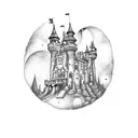 A moonlit castle with bookshelves filled with fantasy and romantic novels tattoo design idea