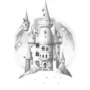 A moonlit castle with bookshelves filled with fantasy and romantic novels tattoo design idea