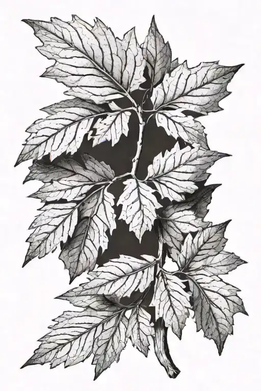 White oak branch with several leaves. texture and stippled shadows. Nordic style tattoo design idea