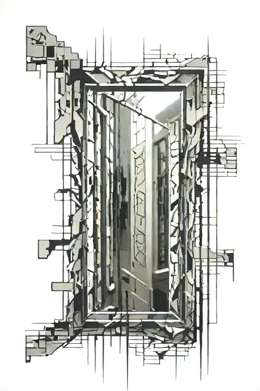 A large rectangular mirror with cracks in the reflection of which is a vertically positioned binary code tattoo design idea