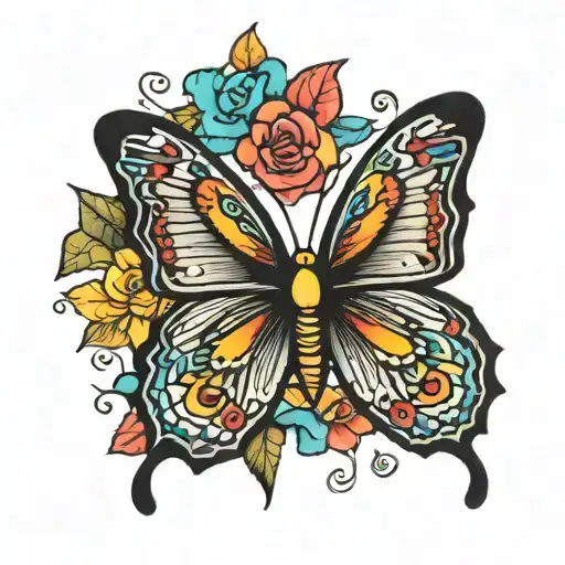 A traditional style tattoo of a black butterfly with colorful in the background old school tattoo design idea