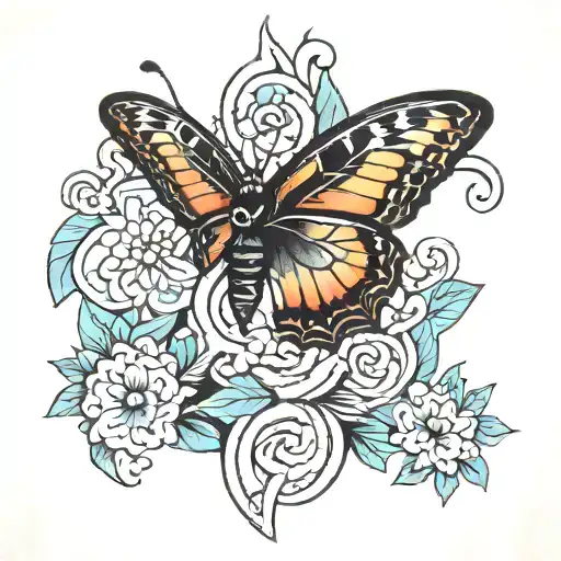 A traditional style tattoo of a black butterfly with colorful in the background old school tattoo design idea