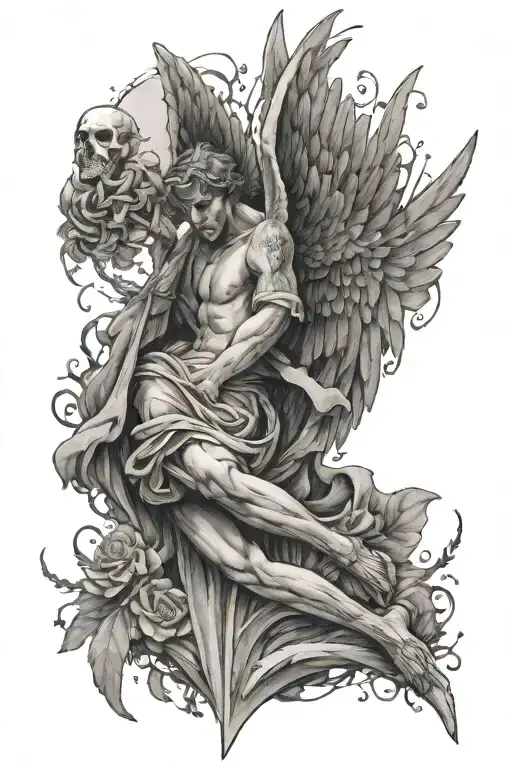 Male angel deteriorating into death as sorrow and heartbreak destroy him tattoo design idea
