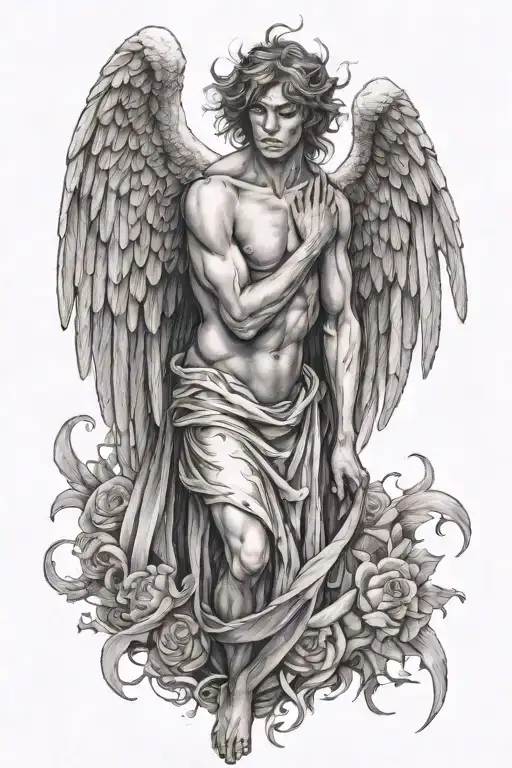 Male angel deteriorating into death as sorrow and heartbreak destroy him tattoo design idea