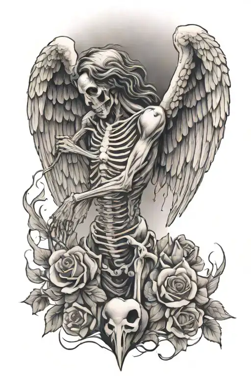 Male angel with a bleeding heart deteriorating into a skeleton as sorrow and heartbreak destroy him tattoo design idea