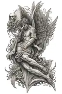 Male angel deteriorating into death as sorrow and heartbreak destroy him tattoo design idea