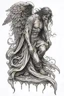 Male angel deteriorating into death as sorrow and heartbreak destroy him tattoo design idea