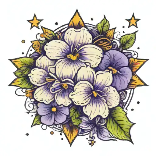 violets and stars forming tattoo design idea