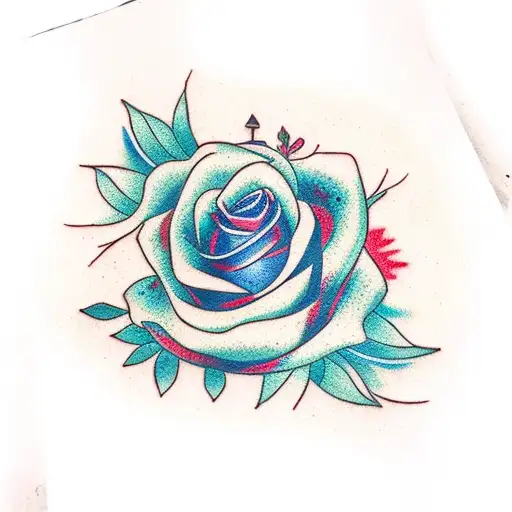 red flower and blue rose on a dark green stem tattoo design idea