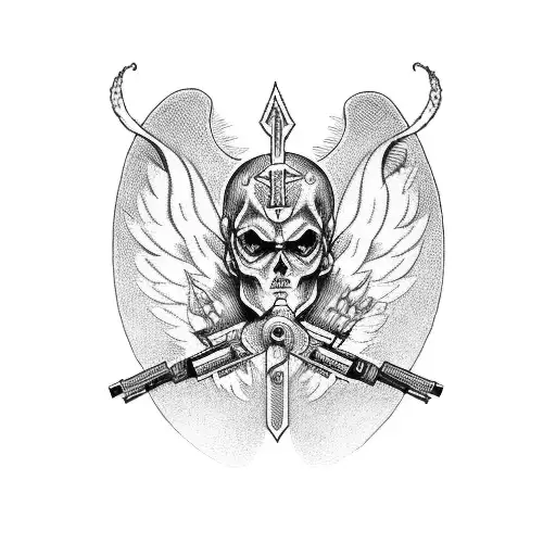 A pair of crossed guns with angel wings and devil horns tattoo design idea