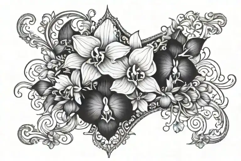 lace under bust black and white incorporating gems and orchids  tattoo design idea