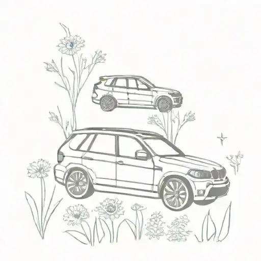 A minimalist tattoo of a BMW X5 driving through a field of flowers, with a grateful dead symbol incorporated into the design tattoo design idea