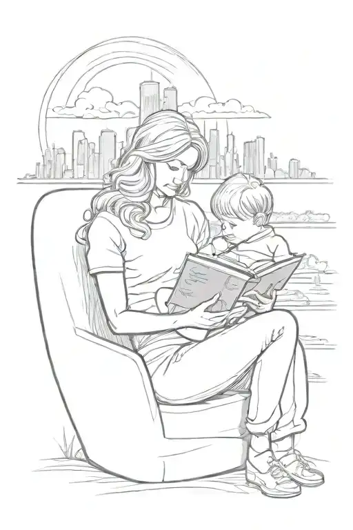 A sketch tattoo of a mother reading a book to her sons, with a Nebraska skyline in the background tattoo design idea