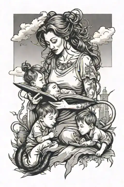 A sketch tattoo of a mother reading a book to her sons, with a Nebraska skyline in the background tattoo design idea