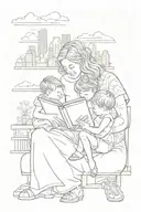 A sketch tattoo of a mother reading a book to her sons, with a Nebraska skyline in the background tattoo design idea