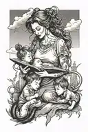 A sketch tattoo of a mother reading a book to her sons, with a Nebraska skyline in the background tattoo design idea