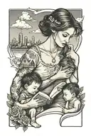 A sketch tattoo of a mother reading a book to her sons, with a Nebraska skyline in the background tattoo design idea