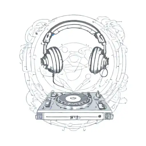 DJ console with headphones in the center of the planet surrounded by notes made of fire tattoo design idea
