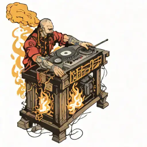 Cossack plays the DJ console surrounded by fire and notes tattoo design idea