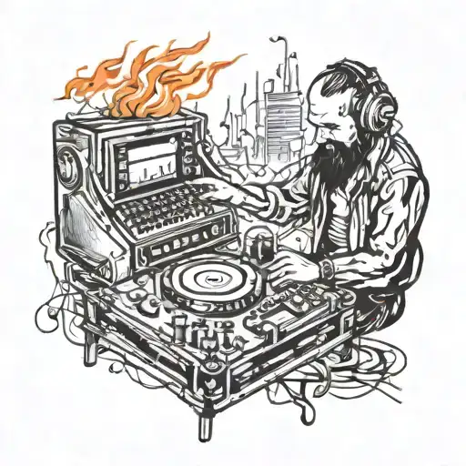 Cossack plays the DJ console surrounded by fire and notes tattoo design idea