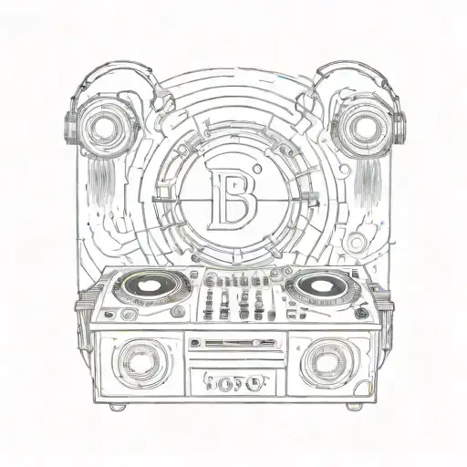 DJ console with headphones in the center of the planet surrounded by notes made of fire tattoo design idea
