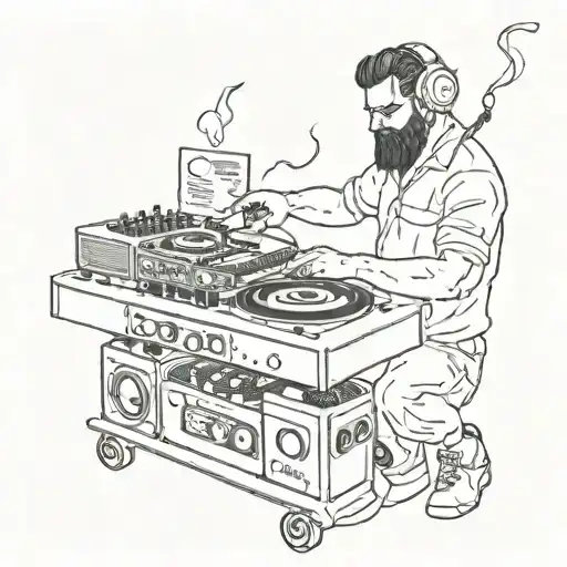 Cossack plays the DJ console surrounded by fire and notes tattoo design idea