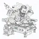 Cossack plays the DJ console surrounded by fire and notes tattoo design idea