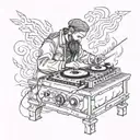 Cossack plays the DJ console surrounded by fire and notes tattoo design idea