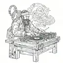 Cossack plays the DJ console surrounded by fire and notes tattoo design idea