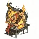 Cossack plays the DJ console surrounded by fire and notes tattoo design idea