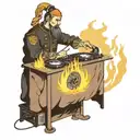 Cossack plays the DJ console surrounded by fire and notes tattoo design idea