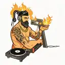 Cossack plays the DJ console surrounded by fire and notes tattoo design idea