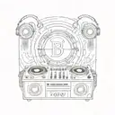 DJ console with headphones in the center of the planet surrounded by notes made of fire tattoo design idea