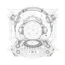 DJ console with headphones in the center of the planet surrounded by notes made of fire tattoo design idea