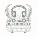 DJ console with headphones in the center of the planet surrounded by notes made of fire tattoo design idea