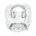 DJ console with headphones in the center of the planet surrounded by notes made of fire tattoo design idea