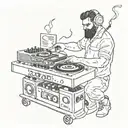 Cossack plays the DJ console surrounded by fire and notes tattoo design idea