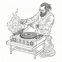 Cossack plays the DJ console surrounded by fire and notes tattoo design idea