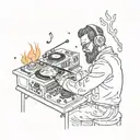 Cossack plays the DJ console surrounded by fire and notes tattoo design idea