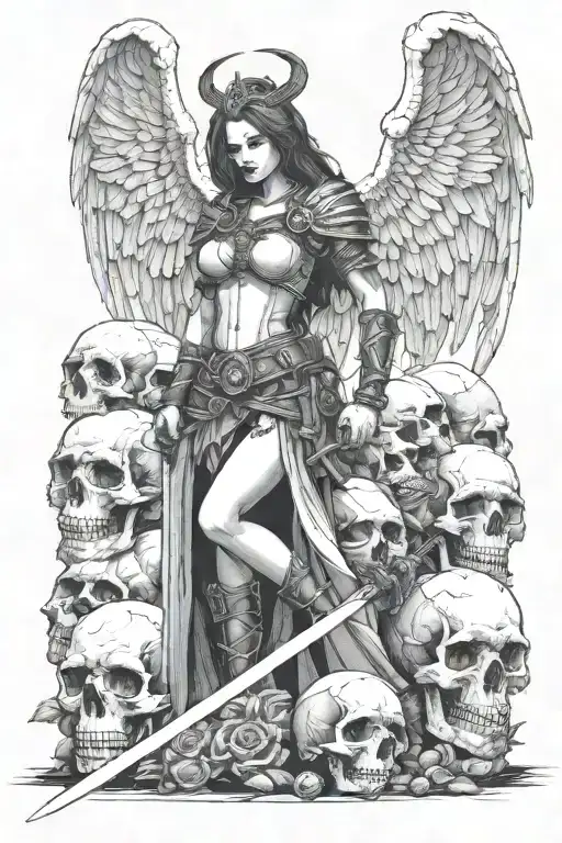 female angel of death warrior holding sword standing on a mound of skulls tattoo design idea